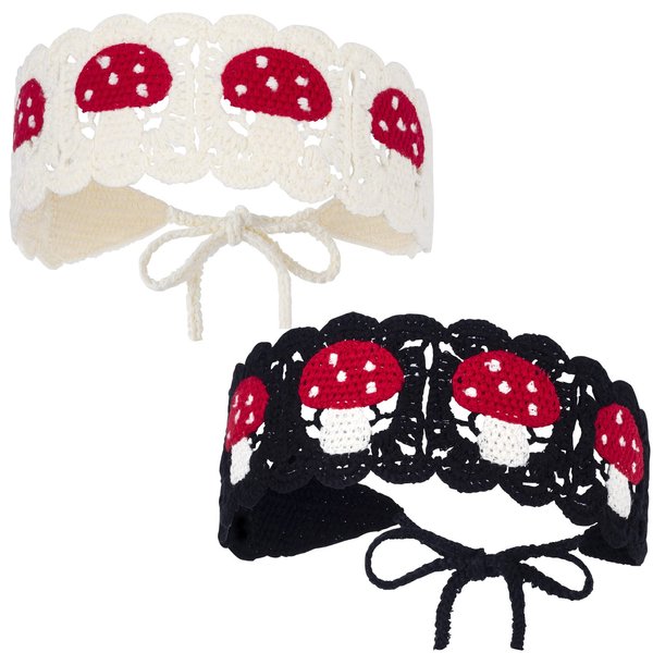PAGOW 2Pcs Crochet Headbands for Women, Hippie Mushroom Crochet Hair Bandana, Vintage Handmade Knit Hairband Breathable Head Wrap for Girls(White+Black)