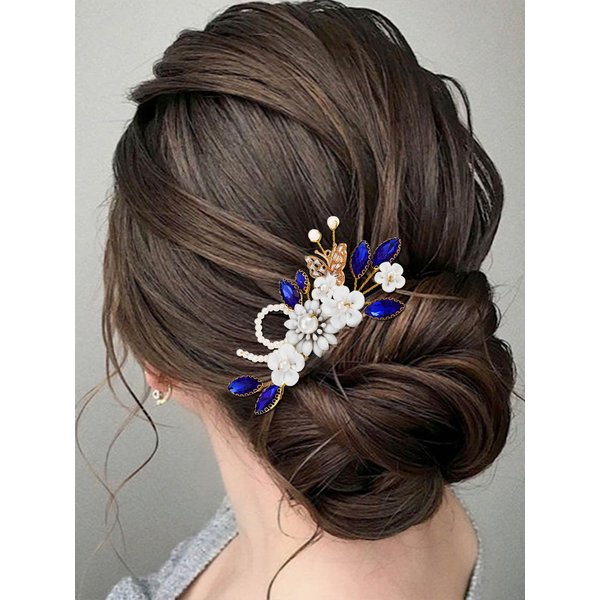 Jakawin Flower Bride Wedding Hair Comb Blue Crystal Bridal Hair Piece Bridal Hair Accessories for Women HC149 (Gold)