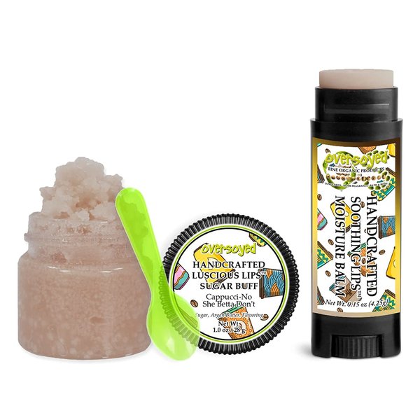 Cappucci-No She Betta Don't Soothing & Luscious Lips by OverSoyed Exfoliator & Chapped Lip Repair Lip Care Combo | Artisan Handcrafted to Order Roasted Esspresso Hazelnut Vanilla Flavored Exfoliating Sugar Lip Scrub & Lip Moisturizer Balm Gift Set