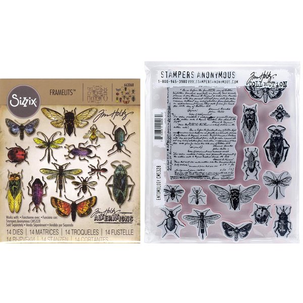 Tim Holtz Entomology - Stampers Anonymous Cling Stamps and Sizzix Framelits Die Set - Two Item Bundle