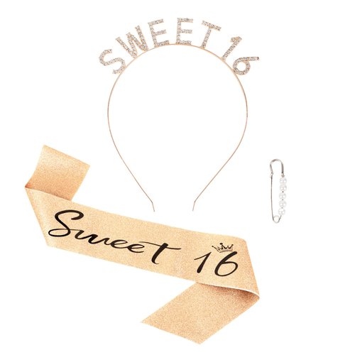 Sweet 16 Birthday Sash & Rhinestone Sweet 16 Birthday Headband Kit-Gold Sweet 16 Party Decorations Sweet 16 Gifts for Girls Happy 16th Birthday Party Favors