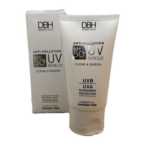 DBH Dermaesthetics UV Shield | Anti-Pollution SPF 50 | Clear & Sheen UVB/UBA Sun protection | Paraben Free. Made in USA 2oz