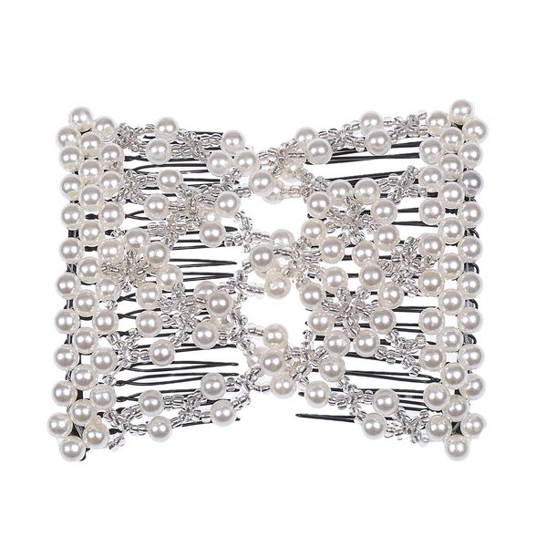 LOVEF Easy Magic Hair Combs Sweet Color Exquisite Pearl Beaded Double Hair combs Clips Stretchable Hair Side combs Hair Styling Combs Hairpin Hair Accessories for Women Wedding Prom Party (White)