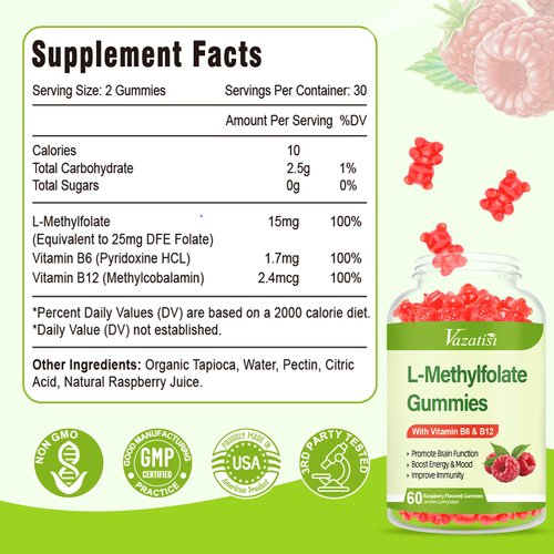 Vazatisi L-Methylfolate 15 mg Gummies with Methyl B12, Folate Supplement for Mood, Brain Health, Immune Support, Raspberry Flavor, 120 Count