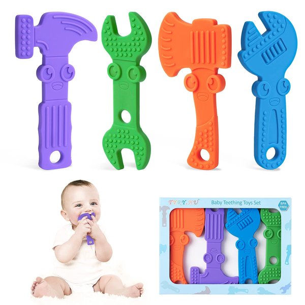 TYRY.HU Baby Teething Toys for Babies, Baby Teether Toys, BPA Free Silicone Baby Molar Teether Chew Toys, Hammer Wrench Spanner Pliers for Boys Girls, Soft-Textured, Easy to Hold & Clean, 4 Packs