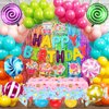 Candyland Birthday Party Decorations Sweet Candy Christmas Birthday Balloon Garland Kit Pastel Happy Birthday Banner Backdrop Tablecloth Hanging Swirls Rainbow Lollipop Party for Girl Kid Boy Supplies