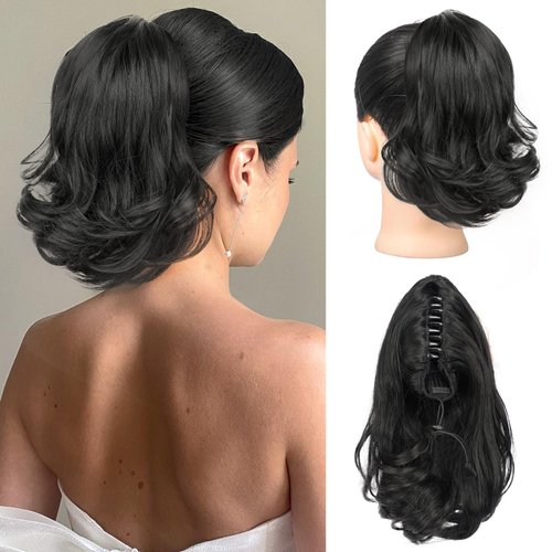 KooKaStyle Ponytail Extension, 10" Short Claw Clip in Pony Tails Hair Extensions Curly Wavy Synthetic Drawstring Hairpieces for Women Black