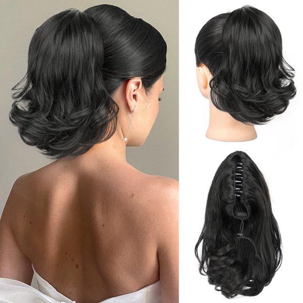 KooKaStyle Ponytail Extension, 10" Short Claw Clip in Pony Tails Hair Extensions Curly Wavy Synthetic Drawstring Hairpieces for Women Black