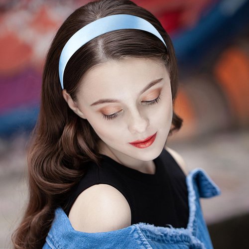 Atoden Satin Headbands for Women Girls Light Blue Headband 1.18 Inch Wide Thin Hard Headbands Non Slip Ribbon Hair Bands Plain Headbands for Crafts DIY Costume Holiday Christmas Gifts