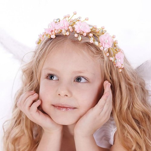 Woeoe Flower Girl Headband Pink Pearl Wedding Headpiece Rhinestone First Communion Hair Accessories for Birthday Party Photography