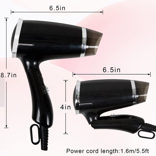 Folding Hair Dryer Compact Blow Dryer Portable Professional Hair Dryer Negative Ionic Low Noise Hair Dryer 3 Heat Settings Lightweight Mini 8x7inch Hair Dryer for Men and Women