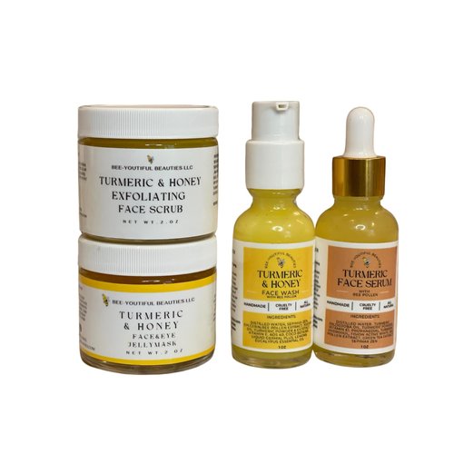 Bee-Youtiful Beauties Turmeric & Honey Glow Up Bundle | Turmeric and Honey Face Wash, Brightening Face Serum, Exfoliating Turmeric Face Scrub, Hydrating Jelly Mask | Gifts for Men & Women