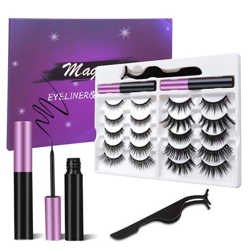[10 Pairs] Magnetic Eyelashes and Eyeliner Kit, Reusable Magnetic Lashes with Eyeliner and Tweezers, 3D Natural Look False Eyelashes (10 PAIRS)