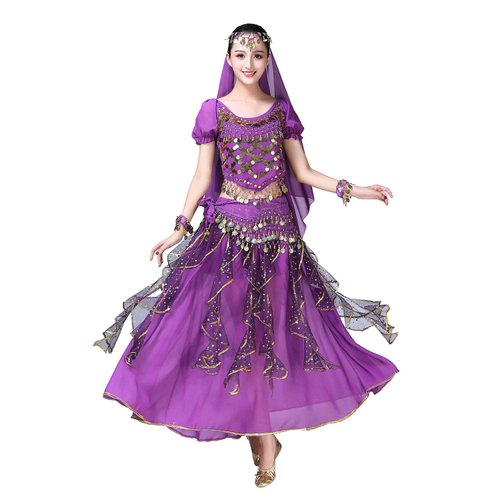 ORIDOOR Women Belly Dance Dress Indian Bollywood Halloween Costume Chiffon Skirts Shiny Belly Dance Suits 5-Piece Outfit, 004 Purple, One Size