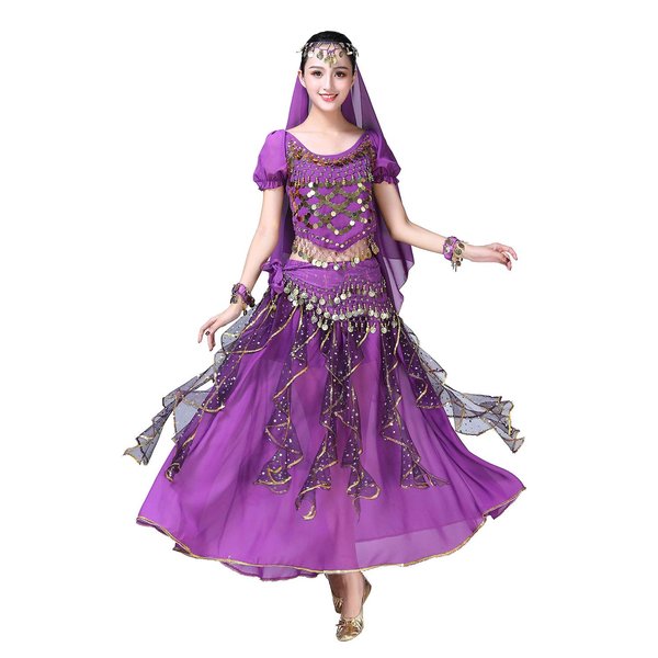 ORIDOOR Women Belly Dance Dress Indian Bollywood Halloween Costume Chiffon Skirts Shiny Belly Dance Suits 5-Piece Outfit, 004 Purple, One Size