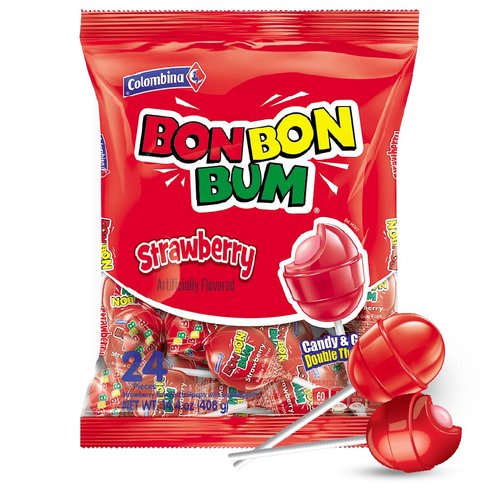 Colombina Bon Bon Bum Lollipops w/Bubble Gum Center - Watermelon Candy Flavor, Pack of Individually 24 Wrapped Gluten Free Pops, Ideal for Party Favors and Gifts, 14.4 oz bag, (24 count) - 1 Pack