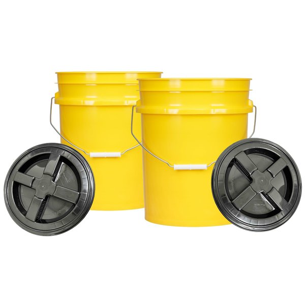 House Naturals 5 Gal Food Grade BPA Free Made in USA Yellow Plastic Buckets Premium 90 mil pails with Gasket Screw On Lids - Pack of 2 (Black lids)