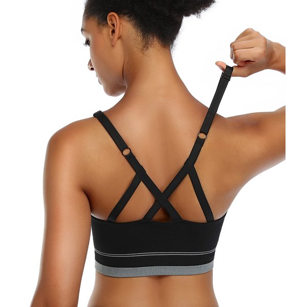 ANGOOL Strappy Sports Bras for Women, Longline Medium Support Yoga Bra Wirefree Padded Sports Bra with Adjustable Straps Black