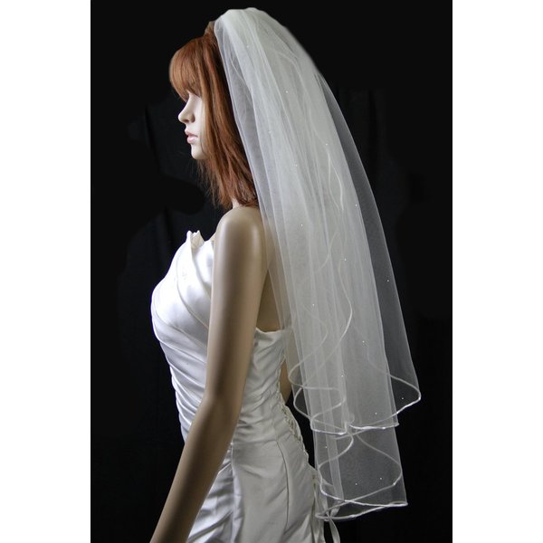 Wedding Veil Bridal Bride Two Tier White Rhinestone Fingertip Satin Rattail New