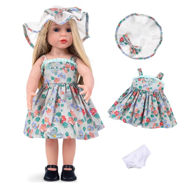 Rakki Dolli Doll Clothes and Accessories 3 Pc. Set Floral Pattern Green Skirt & Hat & Underwear, Fashionable Dress Set for Baby Dolls (without Doll & Shoes) 034