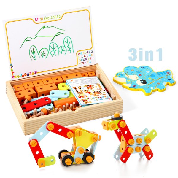 Montessori Toy SetToddler Tool Set with Portable Tool Box & DIY Stickers Dinosaur Puzzles for kids Educational Preschool Toys 3 in 1 Tool Kit for 3 4 5 6 Years Old Boys Girls Present for Children
