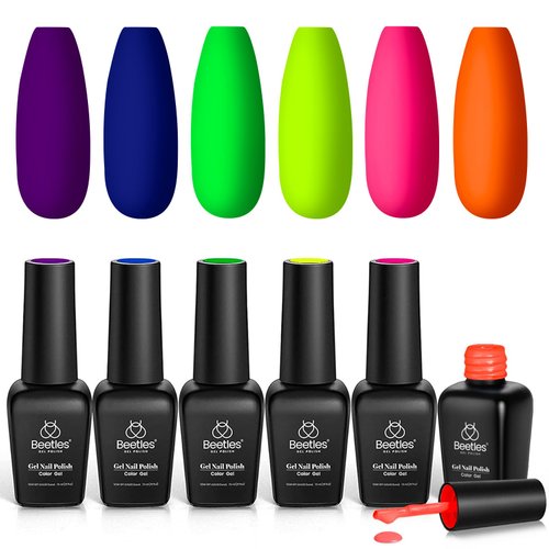 Beetles Neon Gel Nail Polish Set, Nails Gel Neon Orange Hot Pink Blue Yellow Green Purple Gel Polish Summer 6 Colors Soak Off Uv Led Gel Nail Kit Nails Nail Art Manicure