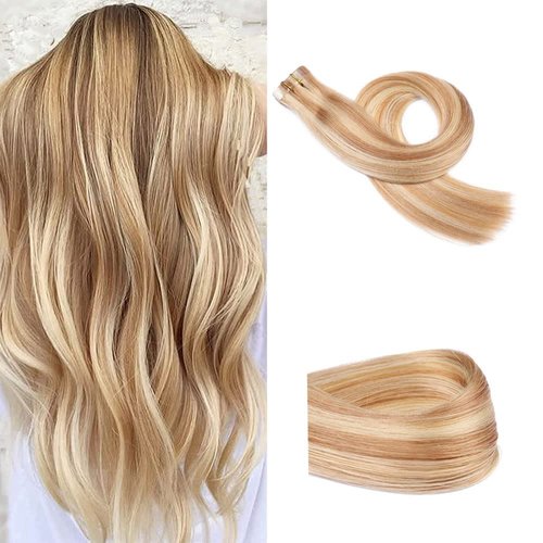 Tape in Hair Extensions Human Hair, Ombre Golden Brown to Bleach Blonde Highlights Natural Weft Tape on Real Hair Extensions Silky Straight Highlight Seamless Glue in Brazilian Human Hair Extensions 18Inch, #12P613