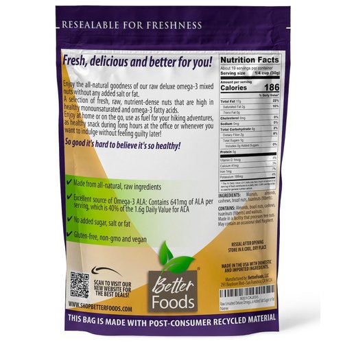 BetterFoods Raw Unsalted Deluxe Omega-3 Mixed Nuts - No Added Salt/Sugar, Non-GMO, Gluten/Soy-Free, Vegan - Almonds, Brazil Nuts, Cashews, Hazelnuts, Walnuts - Wholesome Snacking and Toppings, 20oz