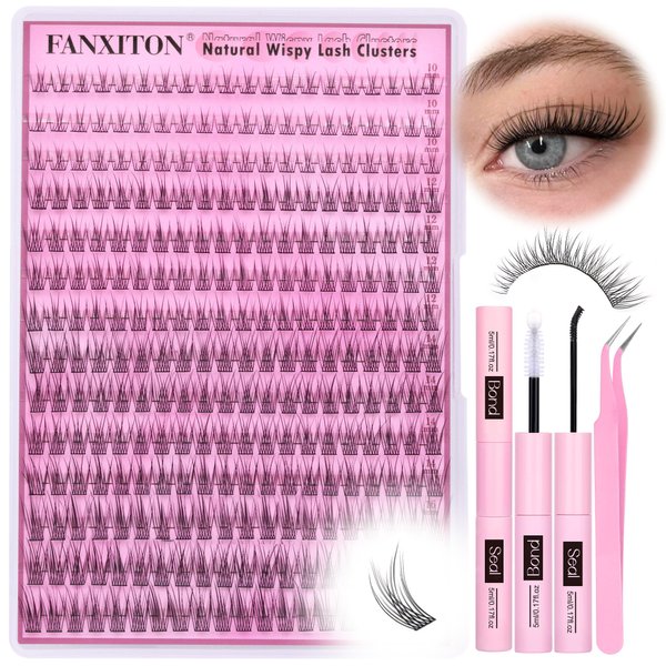 FANXITON Lash Clusters Kit Wispy Lashes Clusters Kit Natural C Curl Lash Extensions Kit 280 Pcs Eyelash Clusters Kit with Lash Bond and Seal Tweezers Individual Lashes Kit