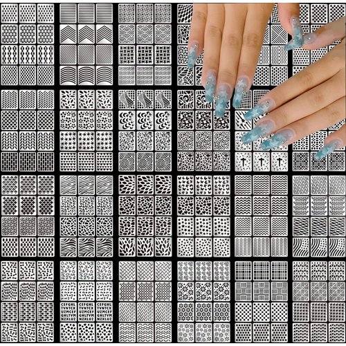 SONGJIE Nail Vinyls Stencils Nails Stickers Set, 96 Designs 288 Pcs Sheets Cute Easy Nail Art Decal Stickers Stencils Hollow Nail Polish Stencil Stickers
