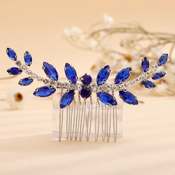 Teyglen Blue Rhinestone Wedding Hair Comb Bridal Crystal Hair Side Comb Handmade Crystal Hair Pieces Bridal Headpieces Hair Accessories for Women Bride Girls (Blue)