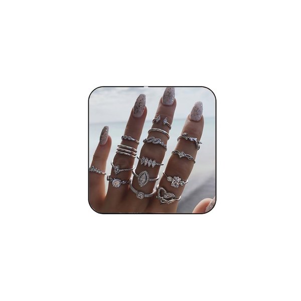 GRAEEN Knuckle Rings Heart Stackable Ring Leaf Finger Ring Set Silver Stacking Rings for Women and Girls(Pack of 15)(Style 3)