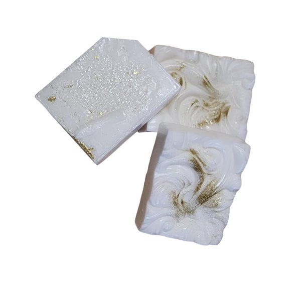 Melody is a Handmade Shea Butter and White Soap Bar with Cucumber Melon Scent, Gold Glitter
