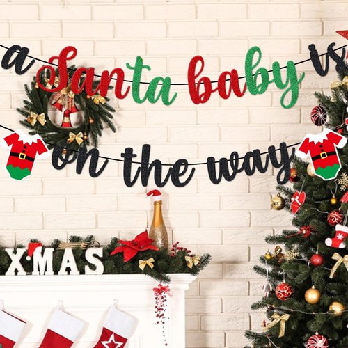 Christmas Santa Baby Shower Decorations, A Santa Baby Is On The Way Banner, Santa Baby Banner Red Green Glitter, Christmas New Year Baby Shower Birthday Party Decorations
