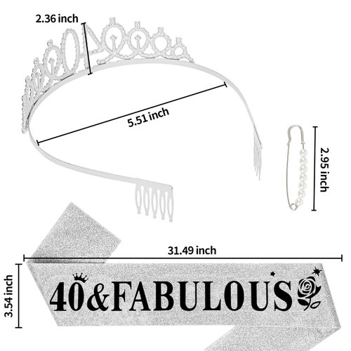 YARIEW Silver Crown + 40 & Fabulous Birthday Sash + Pearl Pin Set, 40th Birthday Decorations, 40th Birthday Gifts for Women, 40th Birthday Party Favor
