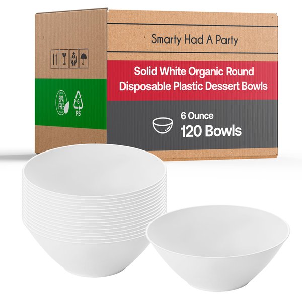 Disposable Plastic Plates with Rim Design, Organic Round Dinnerware Bulk Order for Wedding, Birthday & All Occasions (White, 6 oz Dessert Bowls (120 Bowls))