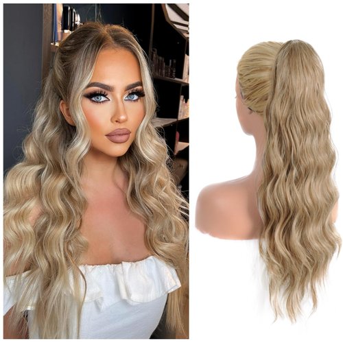 24 Inch Drawstring Ponytail Extension Pony Tails Hair Extensions Long Curly Wavy Ponytail Hair Extension Natural Synthetic Ponytail Hair Pieces for Women (Ash Brown Mixed Blonde)