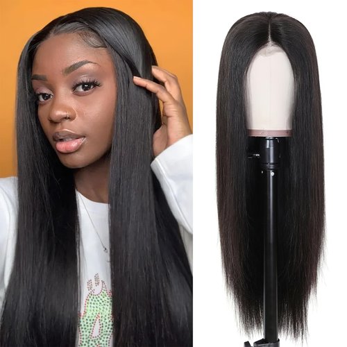 Generic 26 Inch Lace Front Wig Human Hair 13x6 HD Frontal Pre Plucked Pre Cut Straight Hair Wigs 180% Density Natural Black Glueless Synthetic Wigs