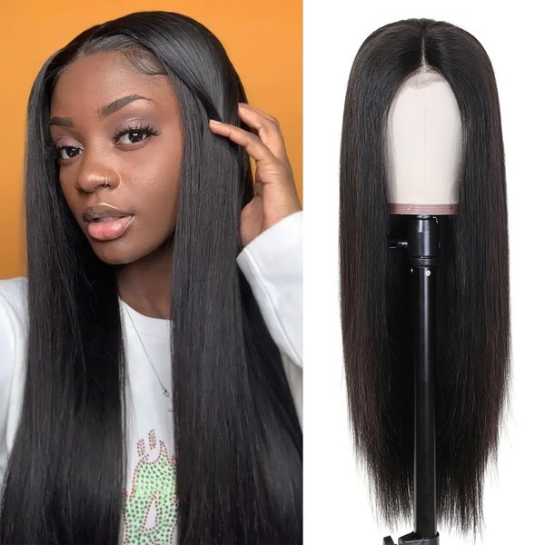 Generic 26 Inch Lace Front Wig Human Hair 13x6 HD Frontal Pre Plucked Pre Cut Straight Hair Wigs 180% Density Natural Black Glueless Synthetic Wigs