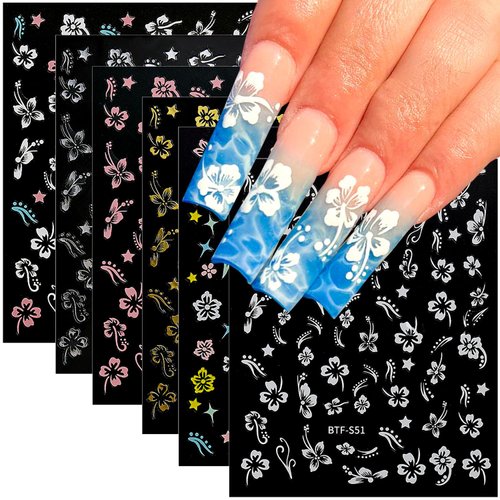 6 Sheets Flower Nail Stickers, 3D Self-Adhesive Hibiscus Nail Decals White Pink Gold Flowers Nail Art Stickers Summer Nail Design Decoration Nail Tips for Women and Girls DIY Acrylic Nails