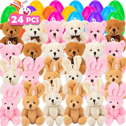 NEWBEA 24 Pack Prefilled Easter Eggs with Stuffed Animals,3.15" Plastic Easter Eggs Filled with Toys,Perfect for Easter Eggs Hunt,Easter Basket Stuffers,Party Favors
