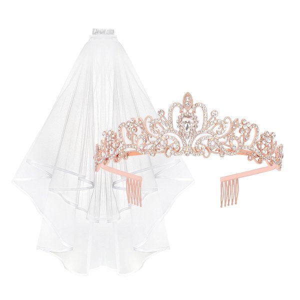 YARIEW Rose Gold Crown + Bride Veil Set, Rhinestone Wedding Bridal Tiara, Bridal Shower Decorations, Bachelorette Party Decorations Prom Bridal Shower Birhday Gift for Women and Girls…