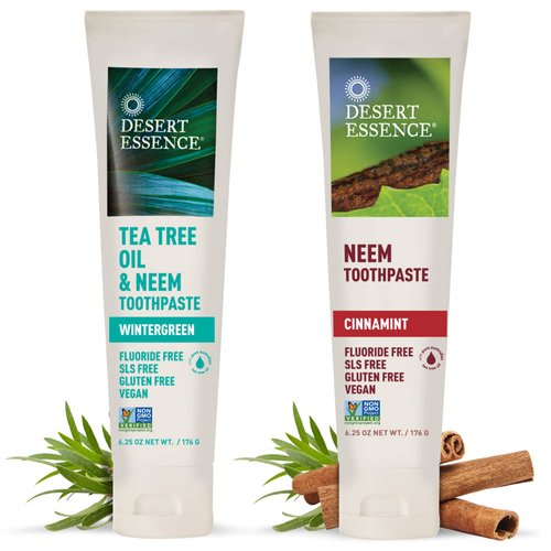 Desert Essence Toothpaste Natural Tea Tree Oil & Neem Toothpaste - 1 Wintergreen & 1 Cinnamint - Baking Soda & Essential Oil - Cleans Teeth & Gums - Refreshing Rich Taste - Tea Tree Oil