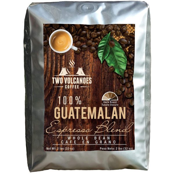 Two Volcanoes Espresso Coffee Beans - 2 Lbs - Guatemala Dark Roast Espresso Blend Whole Bean Coffee - Rare Single Origin Gourmet Beans. Get The Kick, Enjoy the Smoothness!