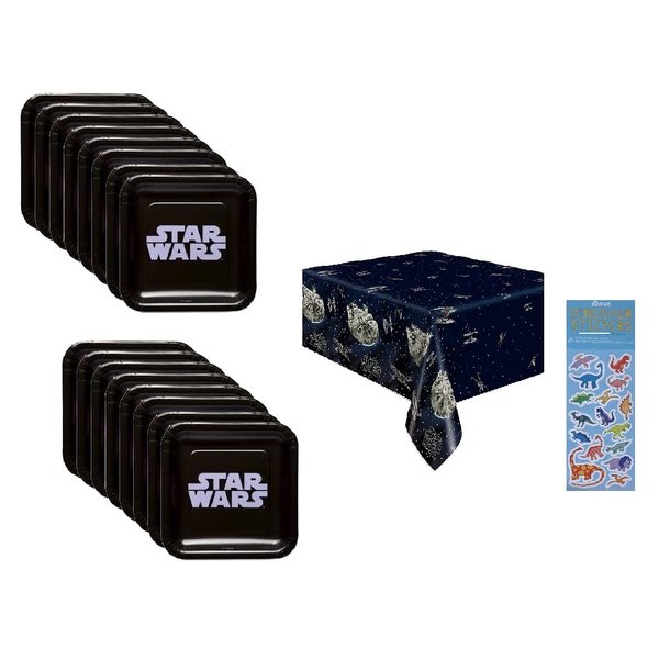 Star Wars Classic Birthday Party Supplies Bundle Pack includes 16 Paper Plates, 1 Plastic Table Cover, 1 Dinosaur Sticker Sheet (Bundle for 16)