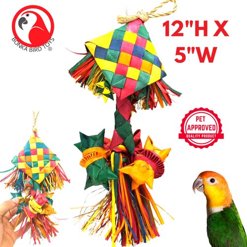 Bonka Bird Toys 03330 Small Rattle Toy for Birds - Multi-Activity Chew & Shred Toy, Natural Palm & Seed Pod, 12" x 5", Conure, Cockatiel, Pionus, and Similar Breeds