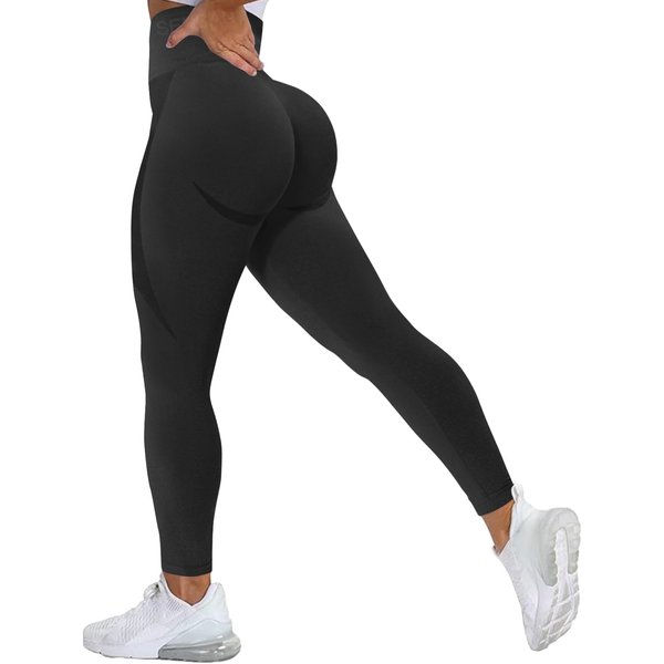 SENBAN Seamless Leggings for Women High Waist Tummy Control Butt Lift Yoga Pants Workout Gym Smile Contour Tights Black M