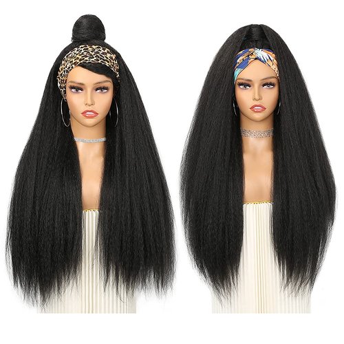 WIGNEE 26 Inches Kinky Straight Headband Wig for Women Yaki Straight Wigs with Black Headband Kinky Afro Wigs For Black Women