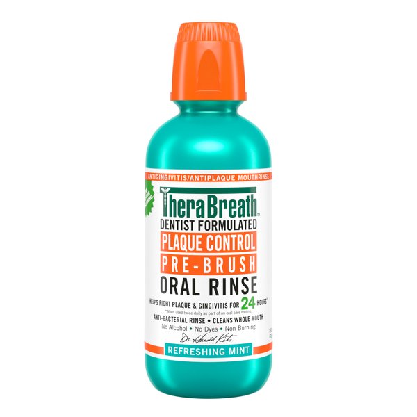TheraBreath Plaque Control Mouthwash, Cool Mint, Pre-Brush Rinse, 16 Fl Oz