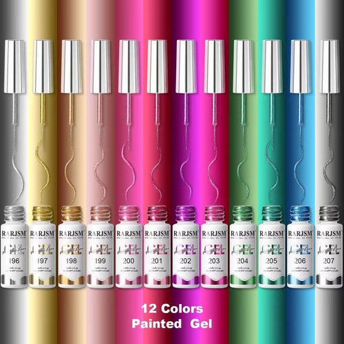 RARJSM Metallic Nail Art Gel Liner Black Silver Rose Gold Blue Green Red Glitter Painted Gel Nail Polish Set Soak Off 12 Colors 5ml UV LED Curing Require for DIY at Home Nail Salon Manicure Design
